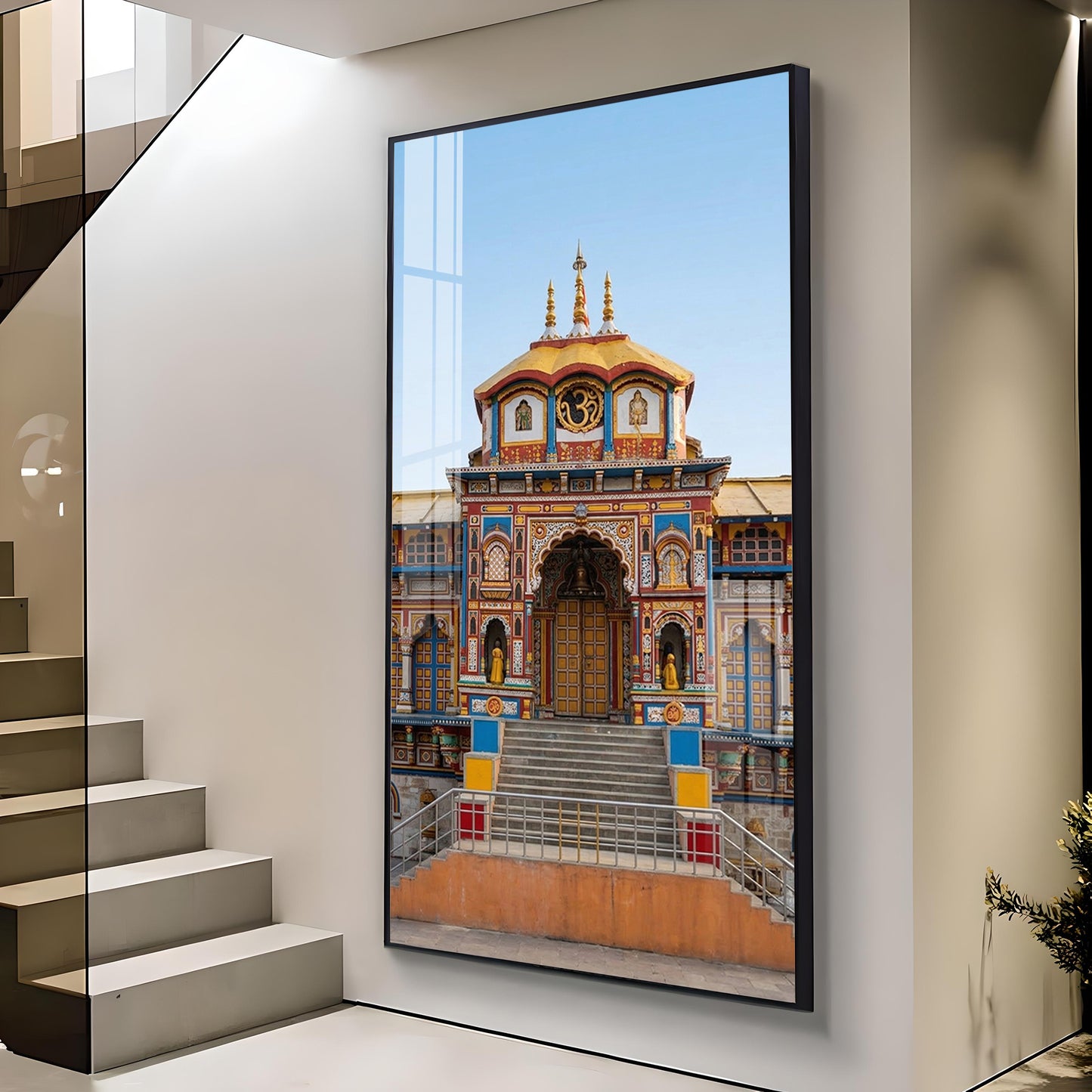 Badrinath Temple Glass Finish Vertical Wall Art