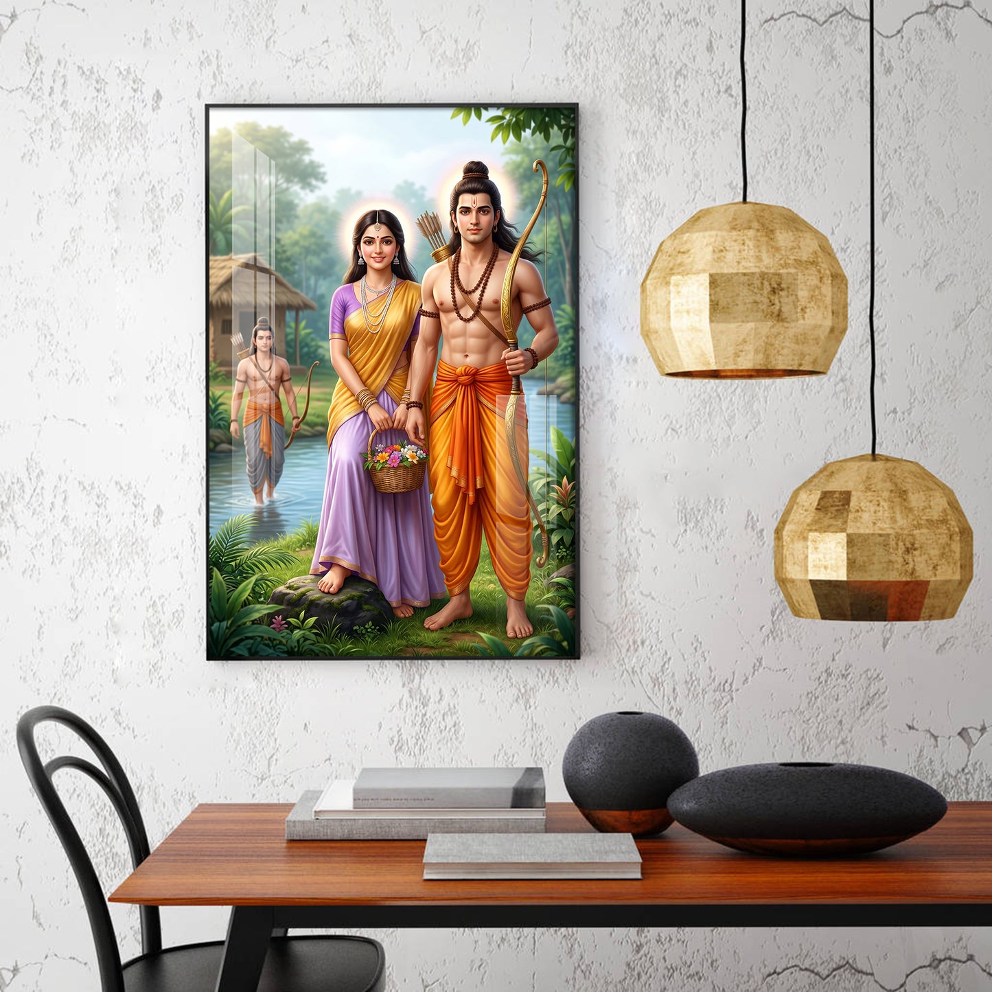 Lord Ram Siya With Lakshman Glass Finish Vertical Wall Art