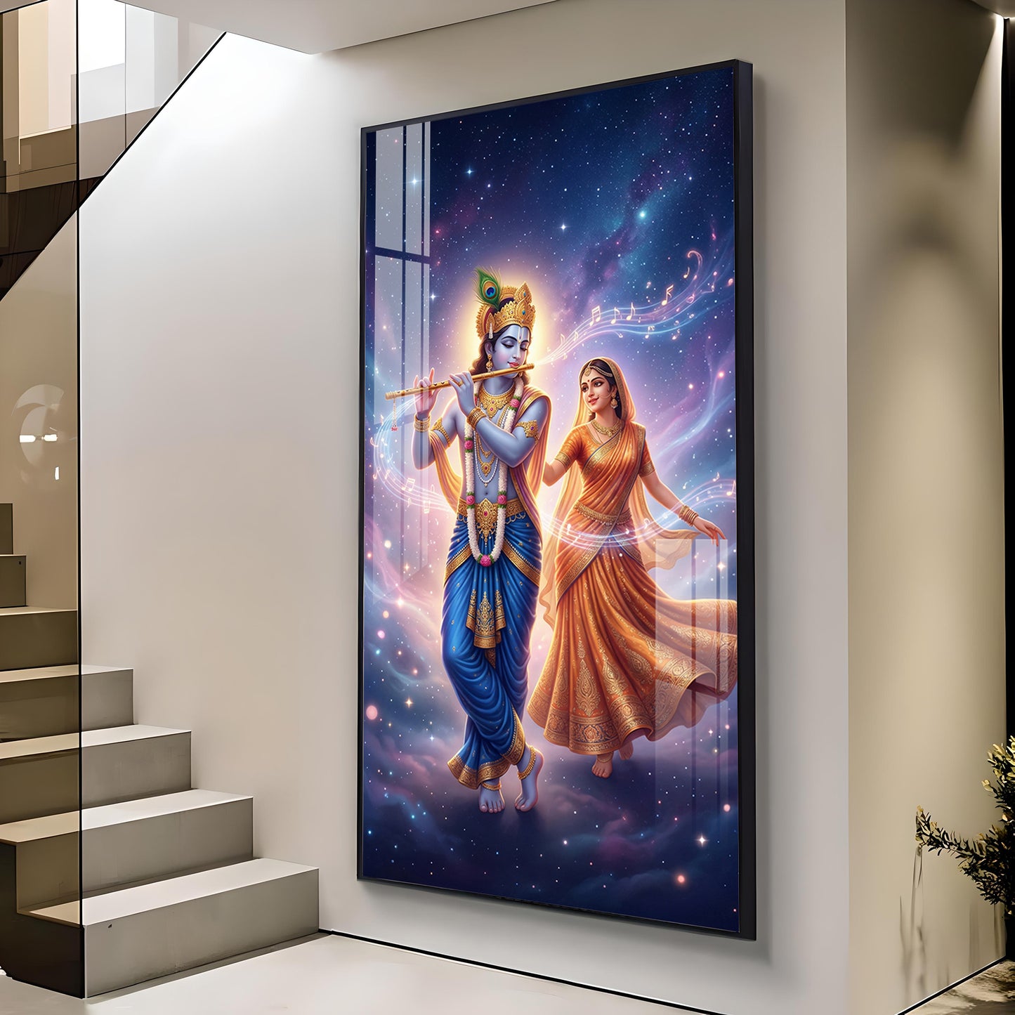 Radha Krishna Divine Glass Finish Vertical Wall Art
