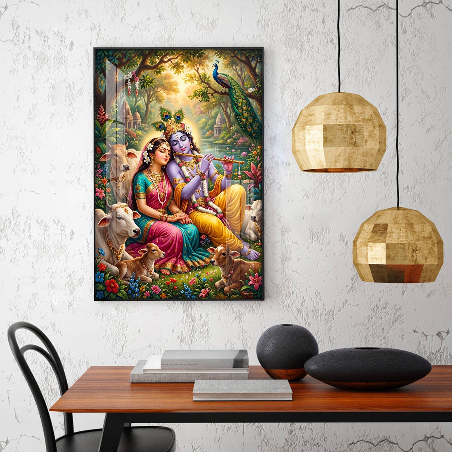 Generic Radha Krishna Glass Finish Vertical Wall Art