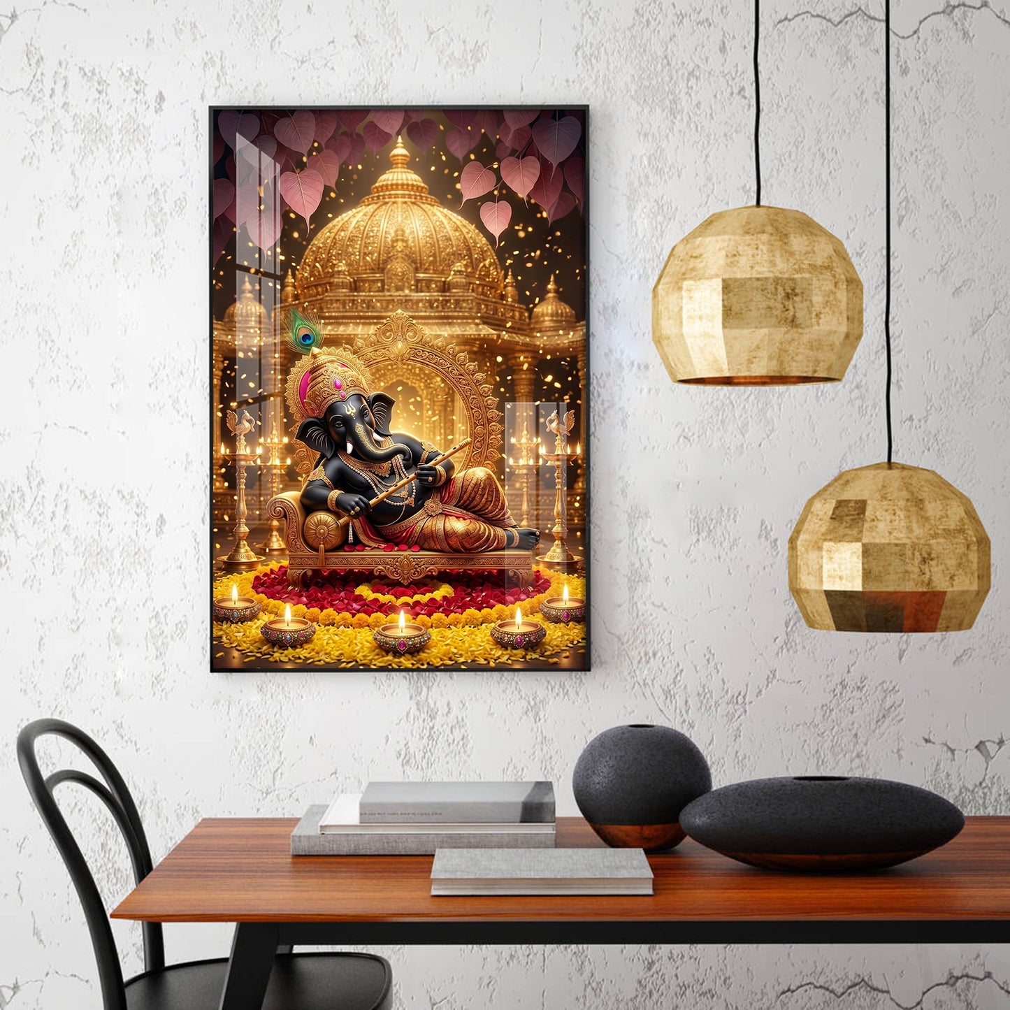 Lord Ganesha Holding A Flute Glass Finish Vertical Wall Art