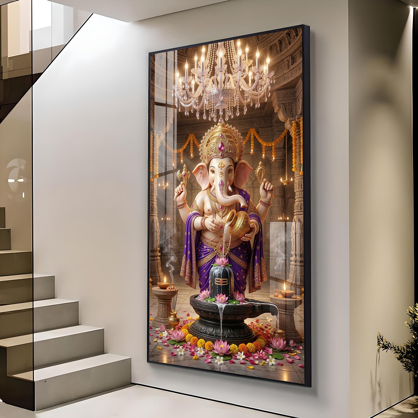 Lord Ganesh With Lord Shiv Glass Finish Vertical Wall Art