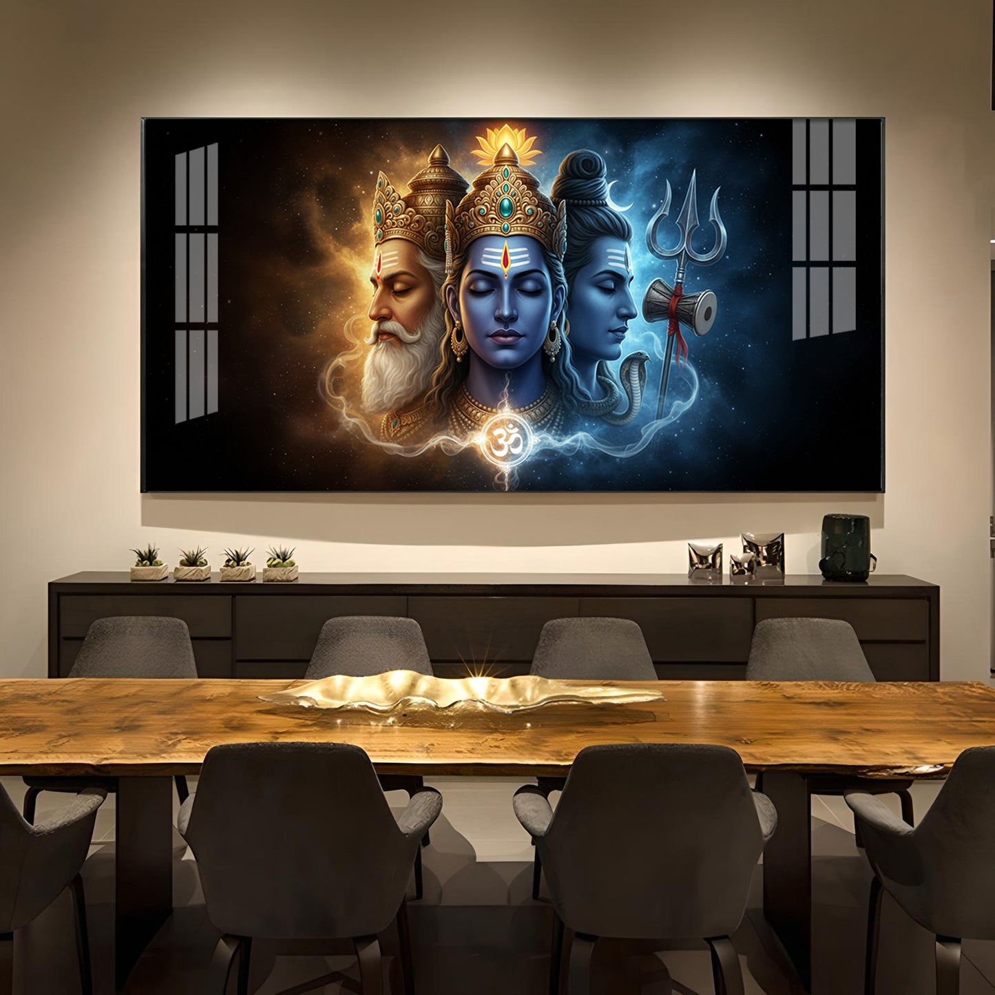 Trimurti Brahma, Vishnu, & Shiva Glass Finish Horizontal Wall Art