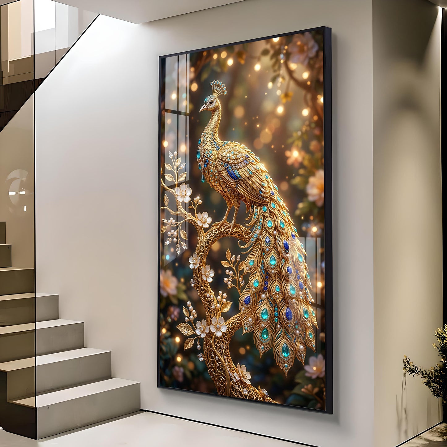 Elegant Peacock Fantasy Glass Finish Vertical Wall Art