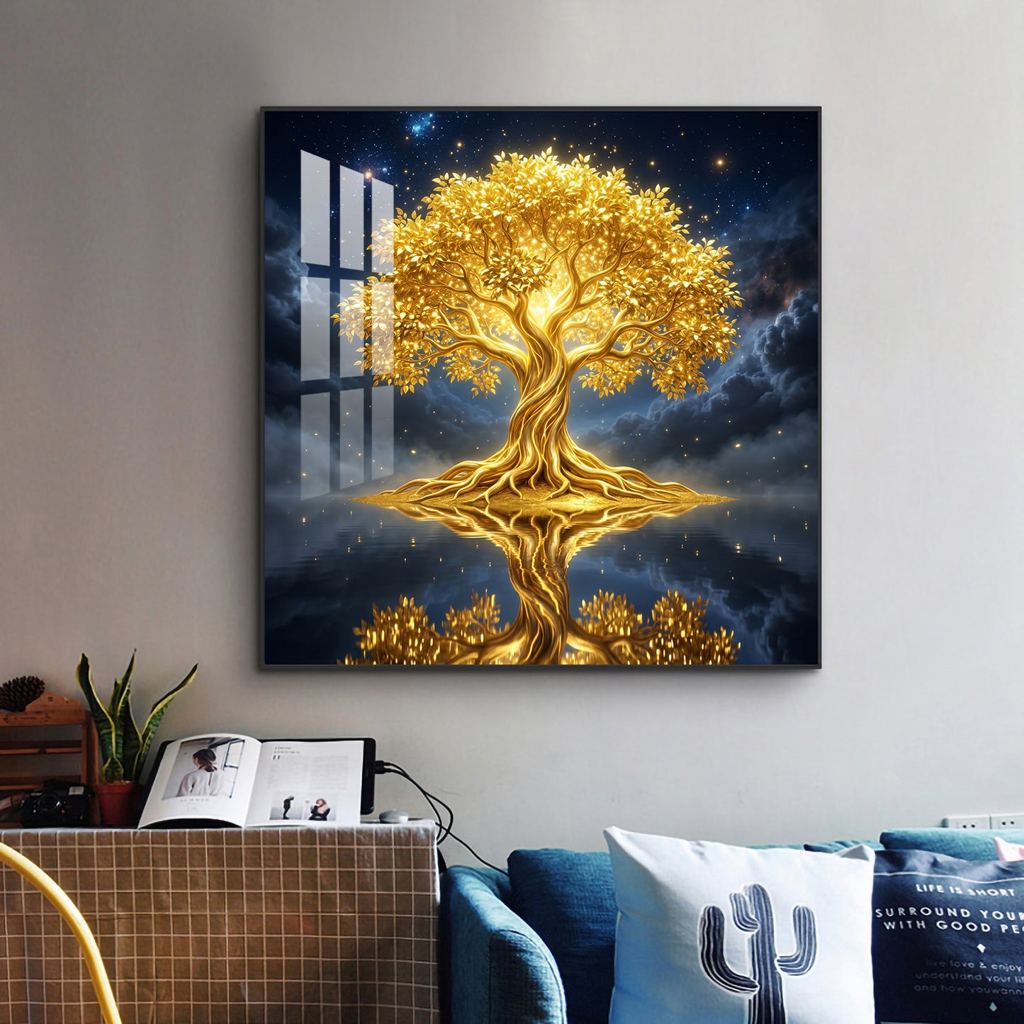 Divine Tree Kalpavriksha Glass Finish Square Wall Art