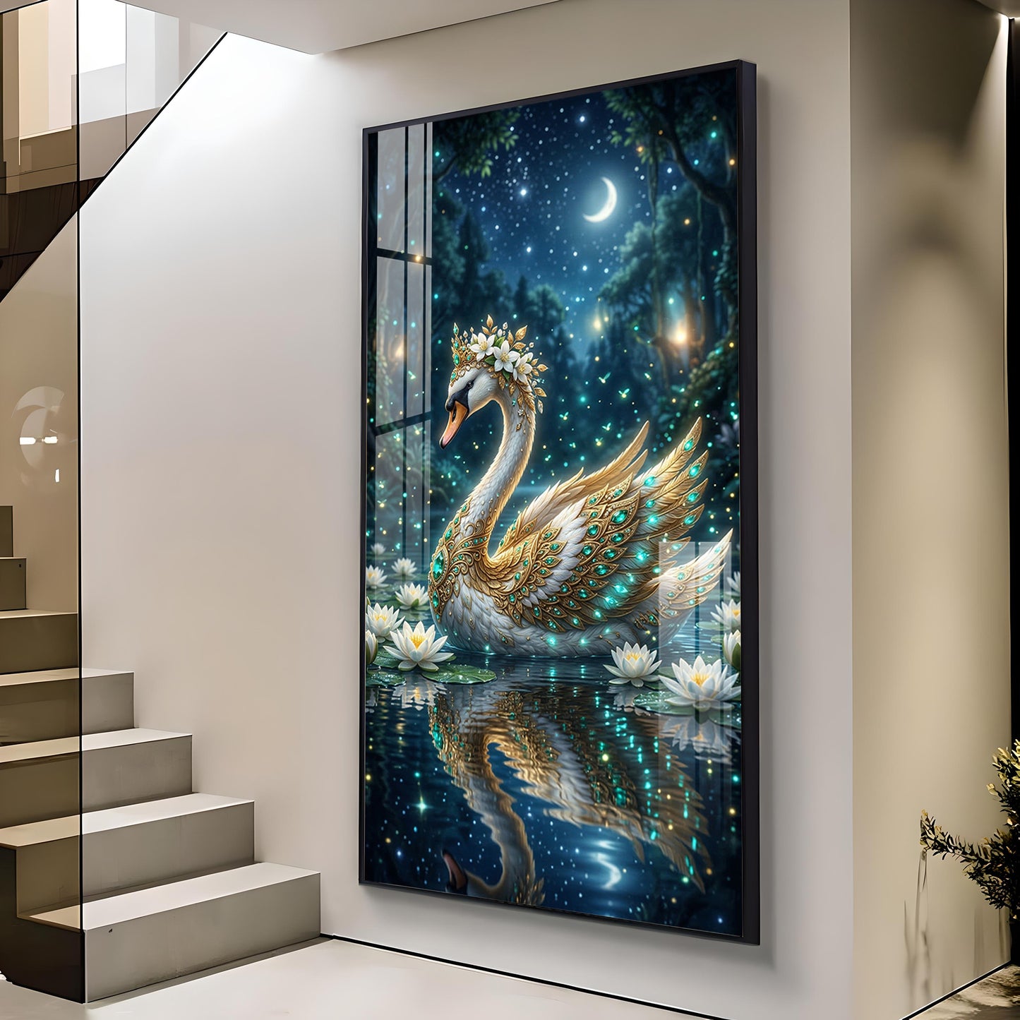 Calm Night Magical Swan Glass Finish Vertical Wall Art