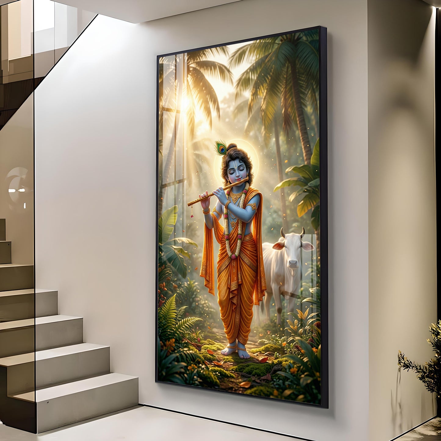 Lord Krishna Ji Playing Flute Glass Finish Vertical Wall Art