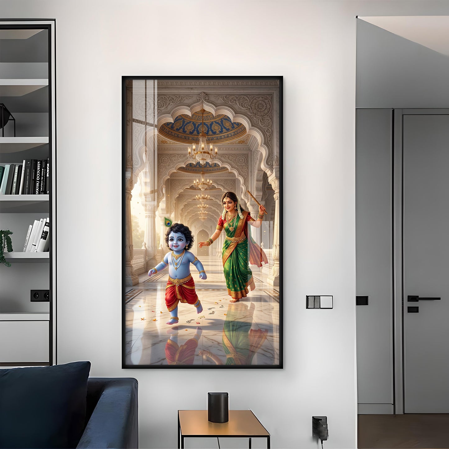 Little kanha With Maa Yashoda Glass Finish Vertical Wall Art