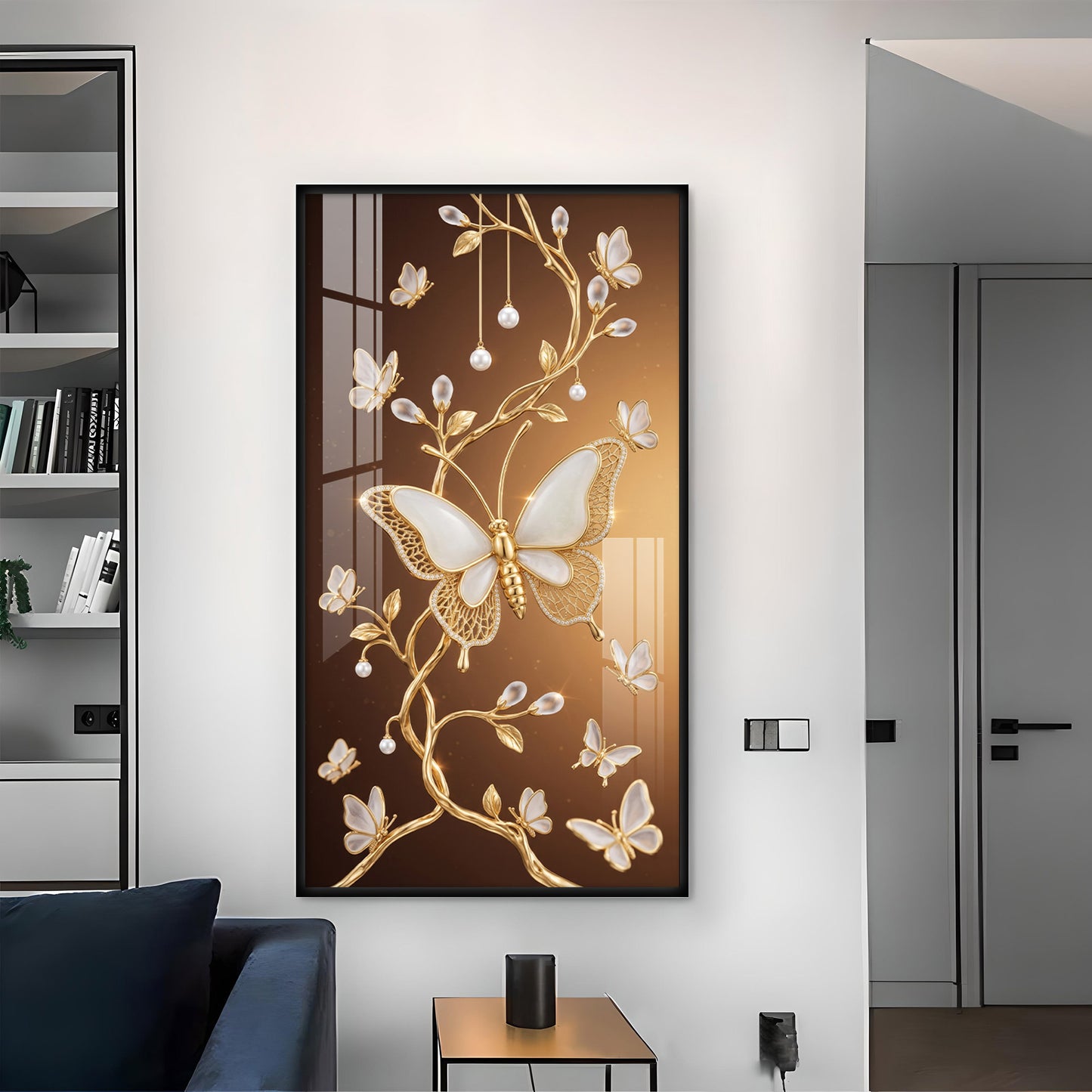 Golden Vines With White Butterflies Glass Finish Vertical Wall Art
