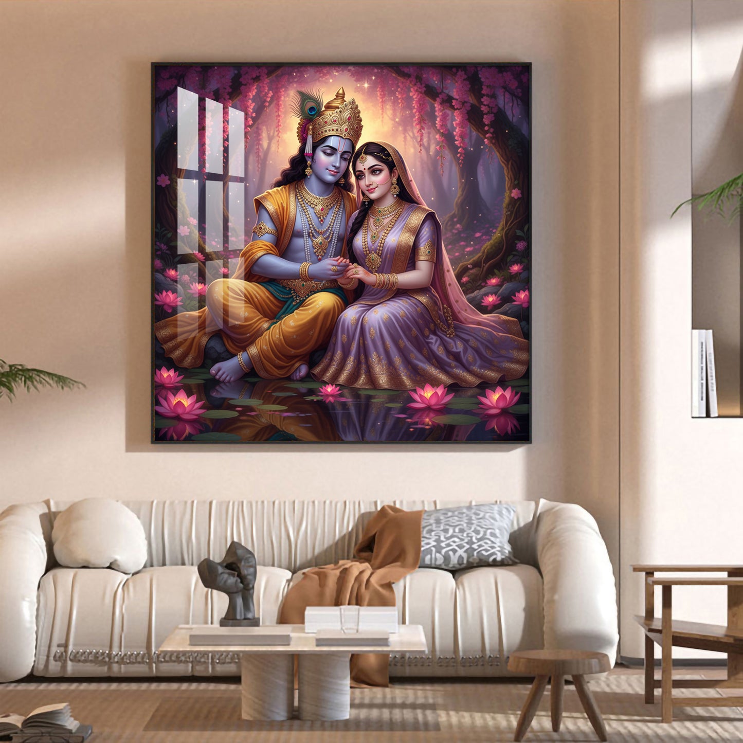 Loving Beautiful Radha Krishna Glass Finish Square Wall Art