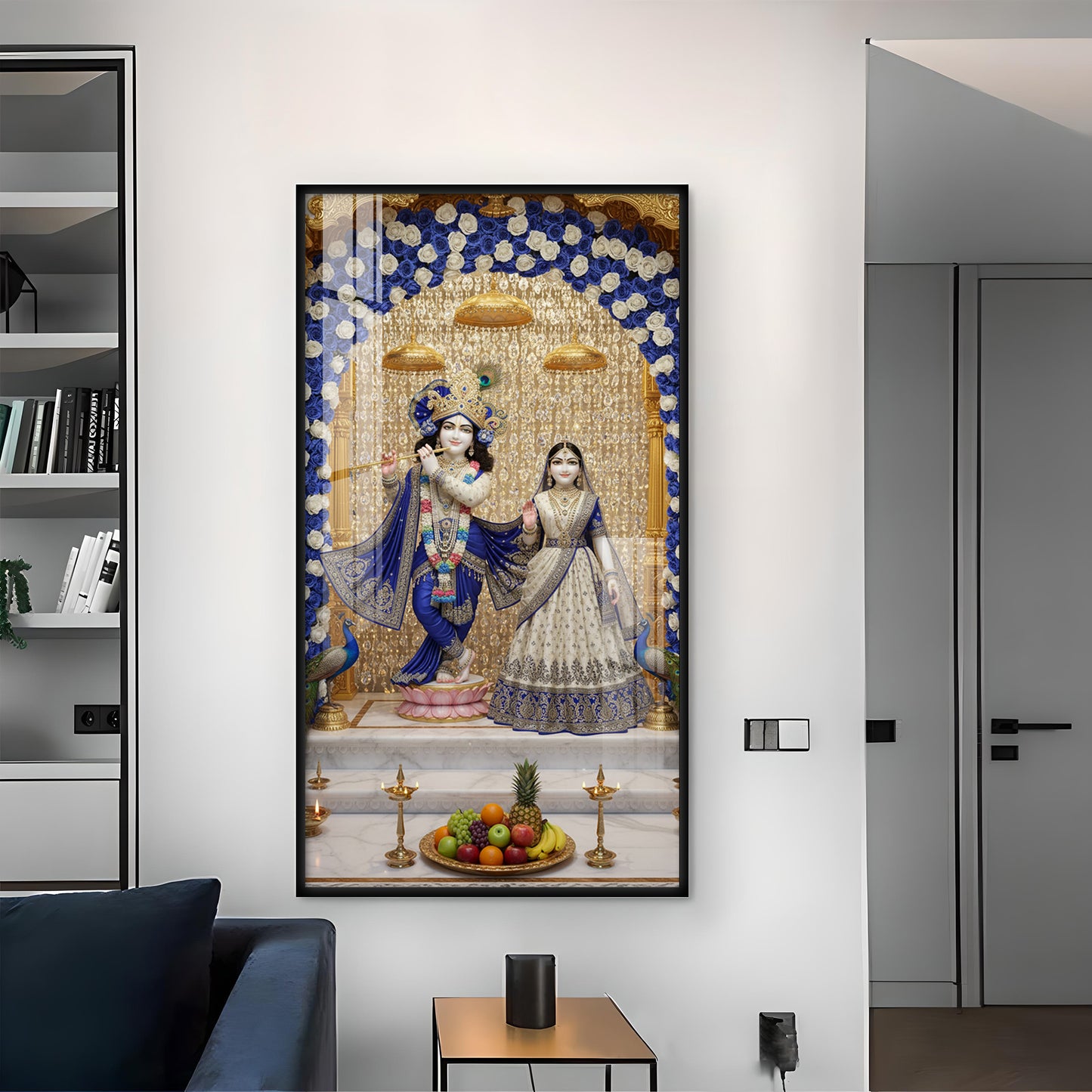 Deities Radha & Krishna Glass Finish Vertical Wall Art
