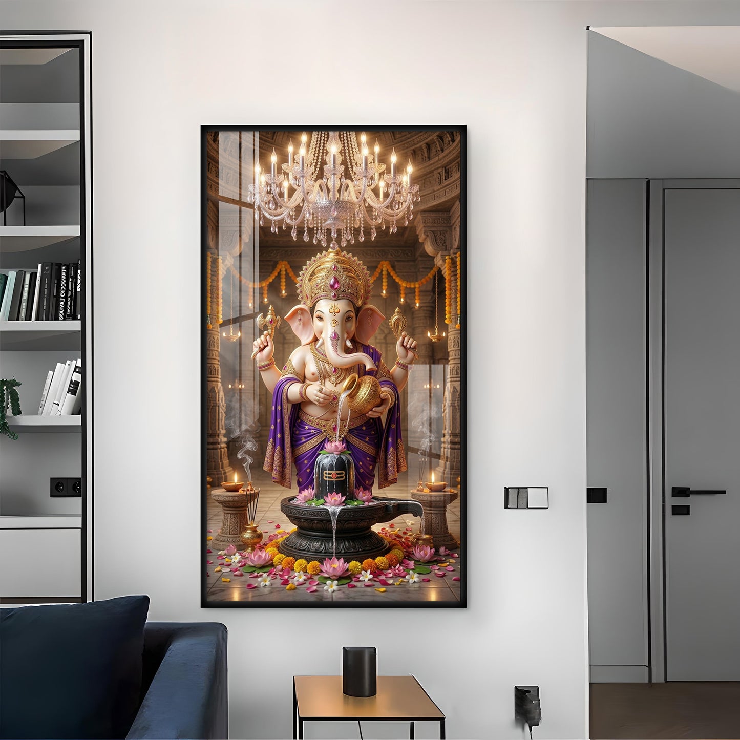 Lord Ganesh With Lord Shiv Glass Finish Vertical Wall Art