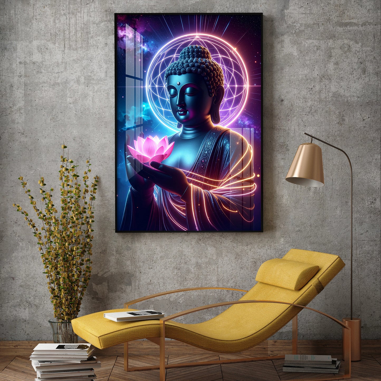Divine Blessings Of Buddha Glass Finish Vertical Wall Art