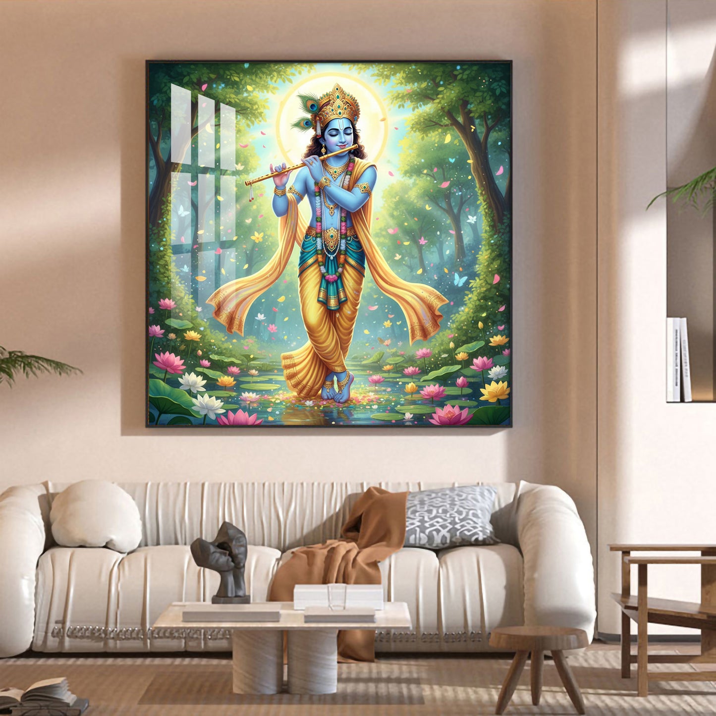 Lord Krishna With Blue Skin Glass Finish Square Wall Art
