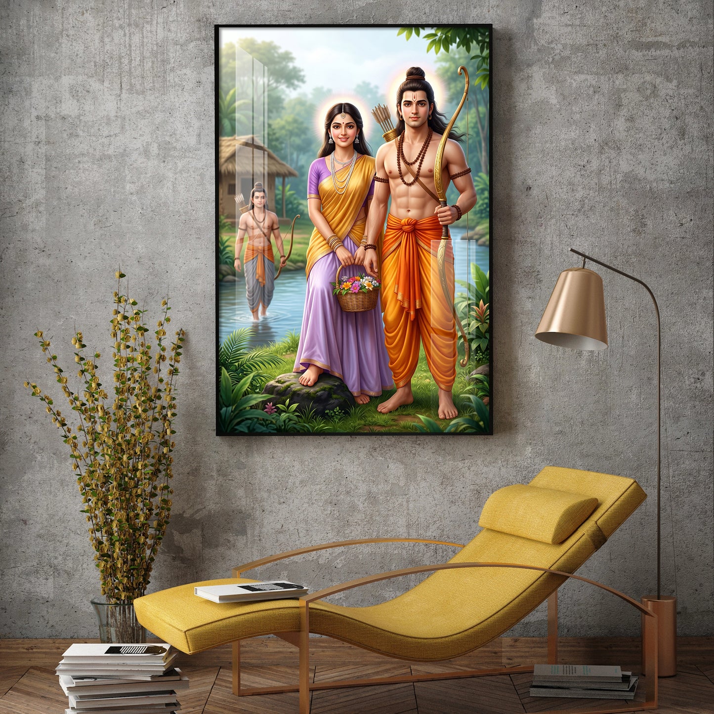 Lord Ram Siya With Lakshman Glass Finish Vertical Wall Art