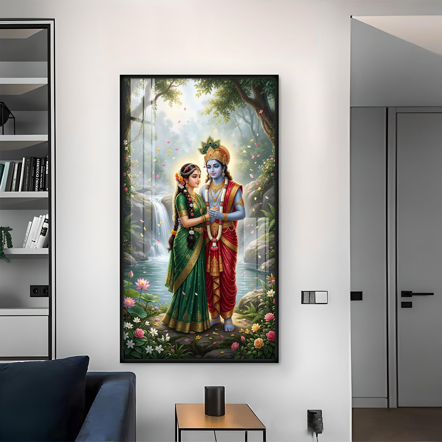 Radha Krishna Divine Aura Glass Finish Vertical Wall Art