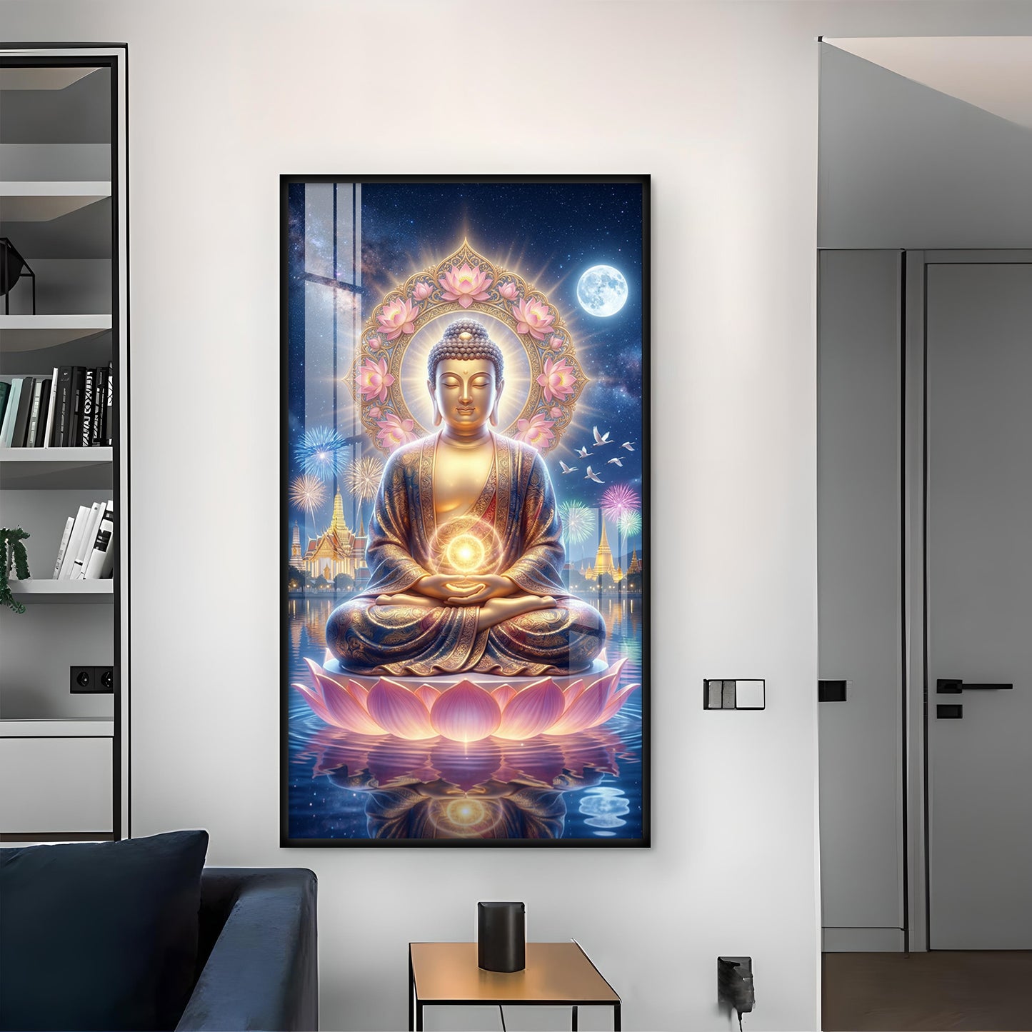 Namo Buddhay Glass Finish Vertical Wall Art