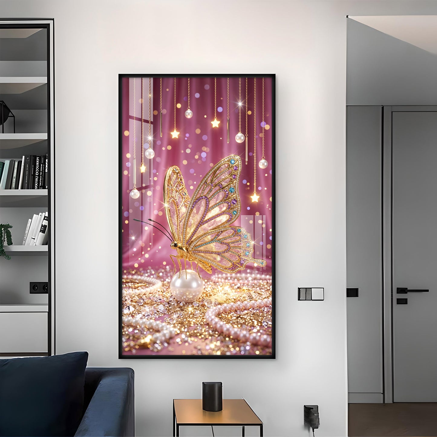 Elegant Pink Butterfly Glass Finish Vertical Wall Art