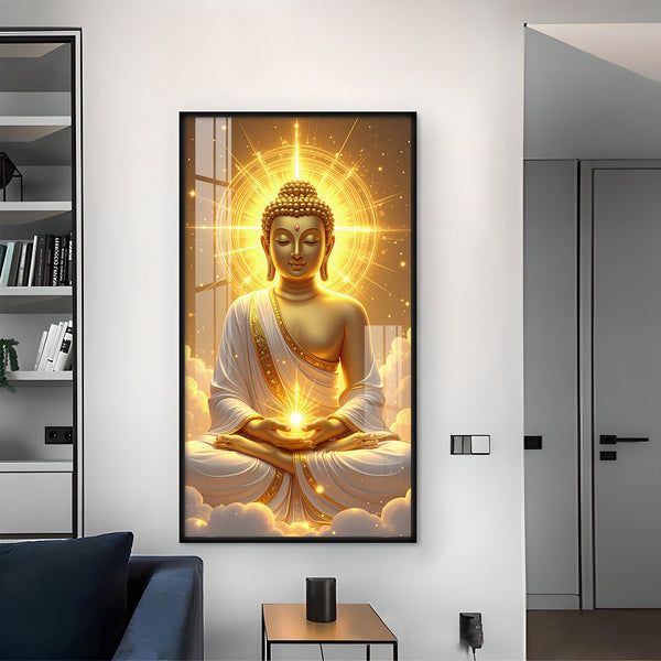 Golden Serenity Buddha Glass Finish Vertical Wall Art