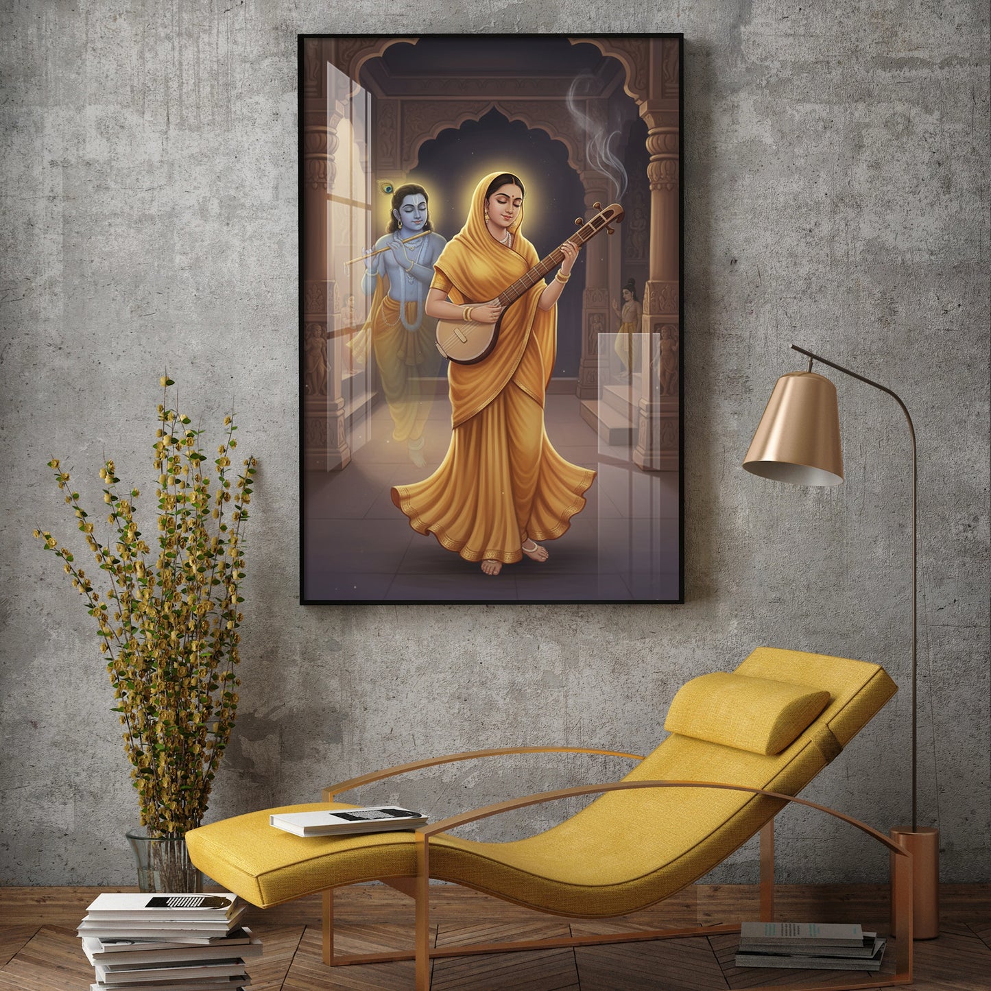 Meera Bai and Krishna Glass Finish Vertical Wall Art
