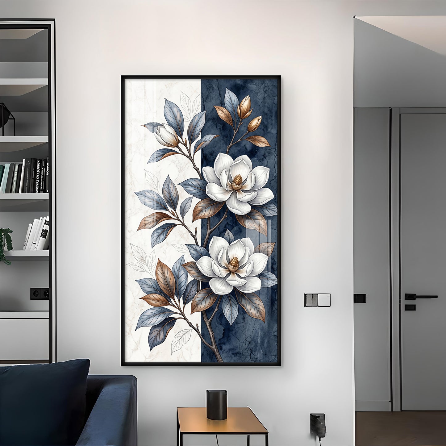 White & Blue Magnolias Flowers Glass Finish Vertical Wall Art