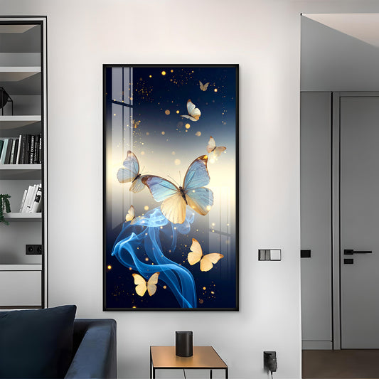 Azure Butterfly Dance Glass Finish Vertical Wall Art