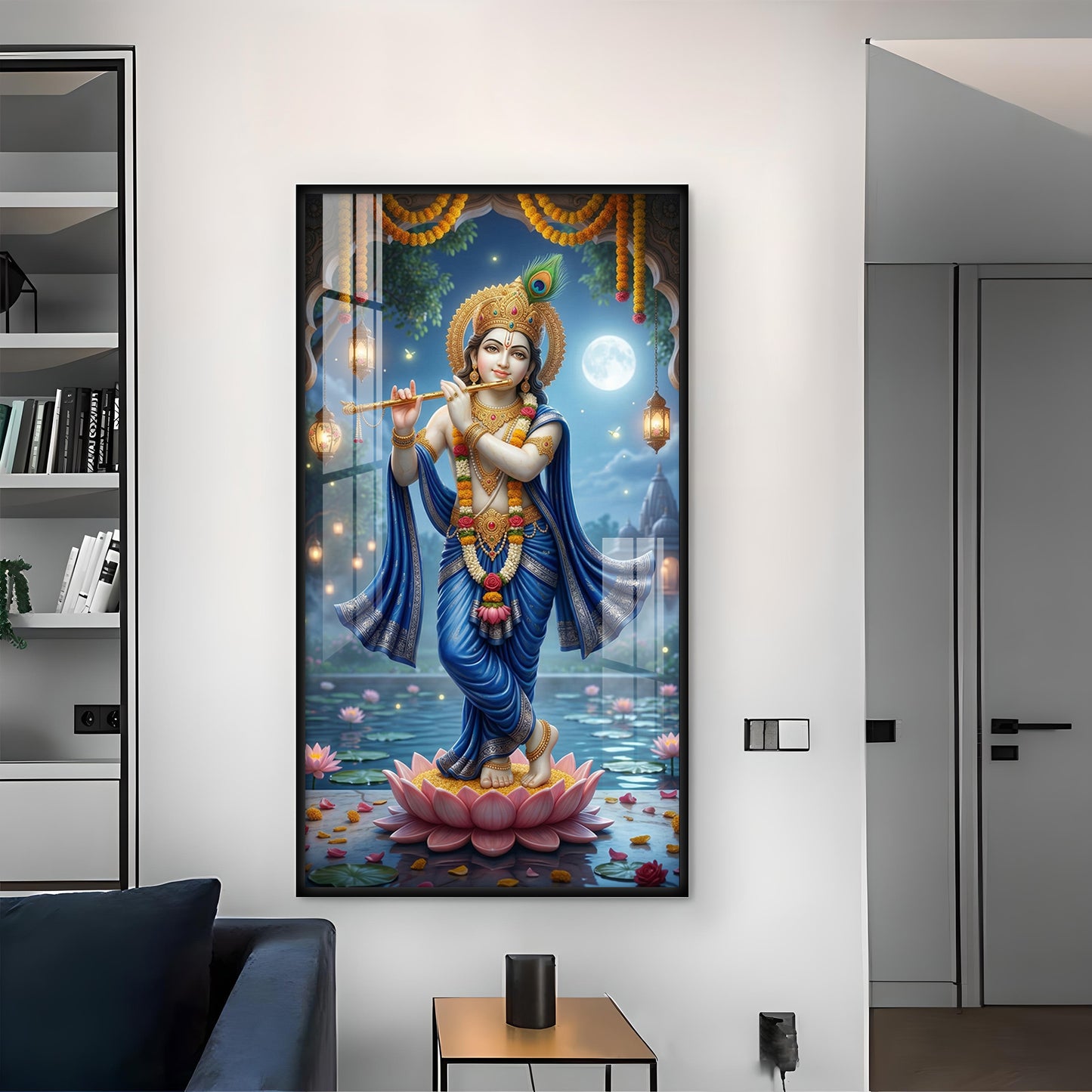 Lord Krishna With Flute Glass Finish Vertical Wall Art