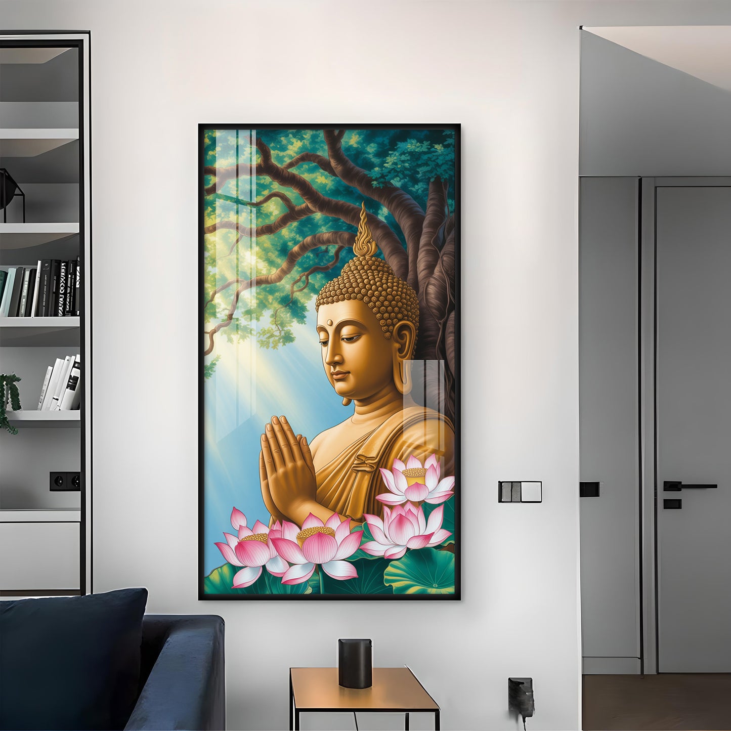 Religious Buddha Glass Finish Vertical Wall Art