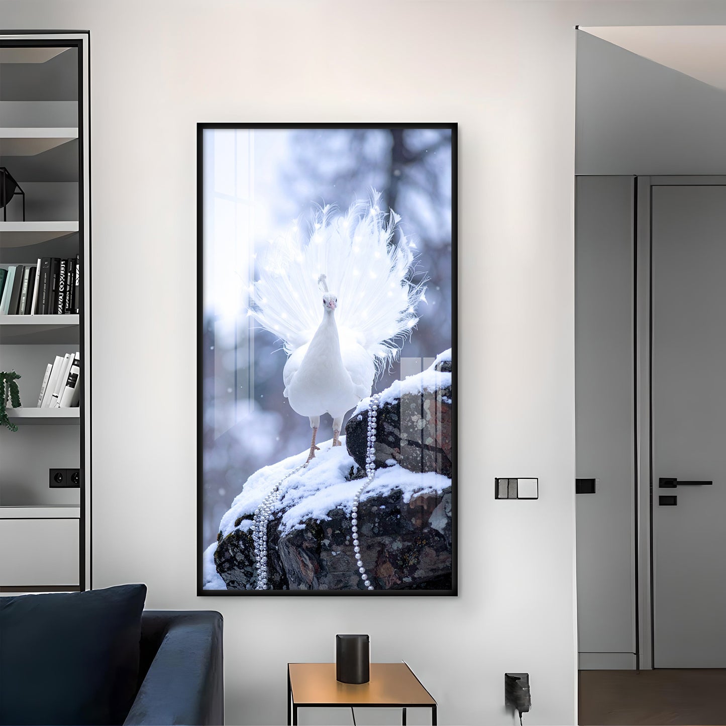 White Peacock Glass Finish Vertical Wall Art