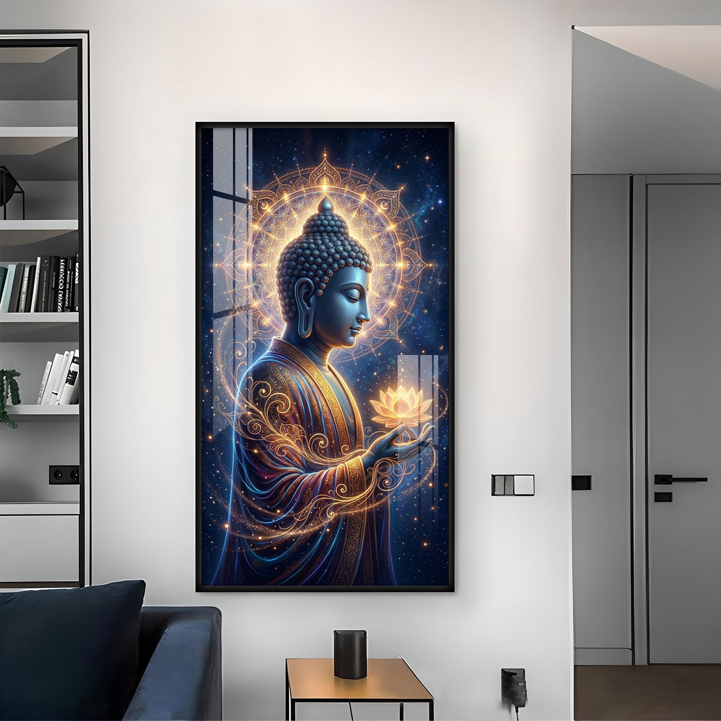 Gautam Buddha Glass Finish Vertical Wall Art