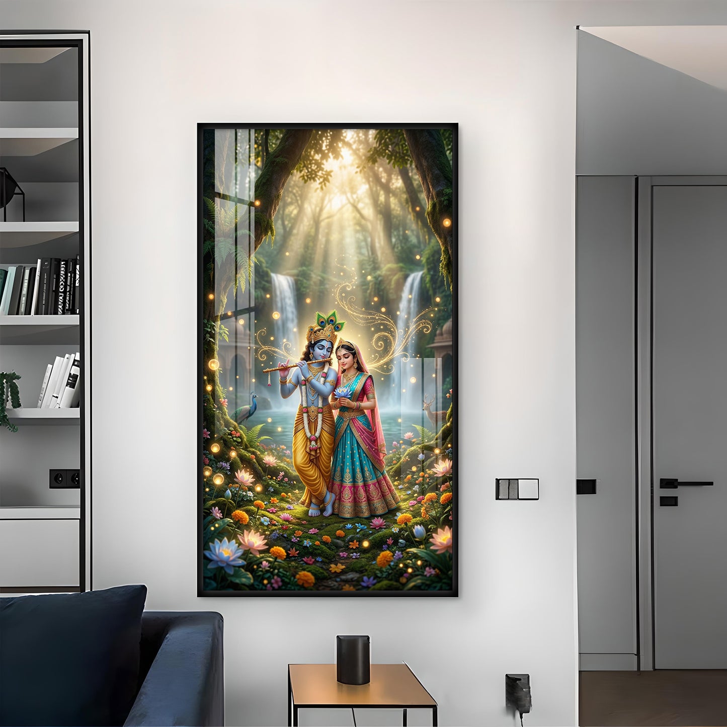 Beautiful Radha Krishna Divine Love Glass Finish Vertical Wall Art
