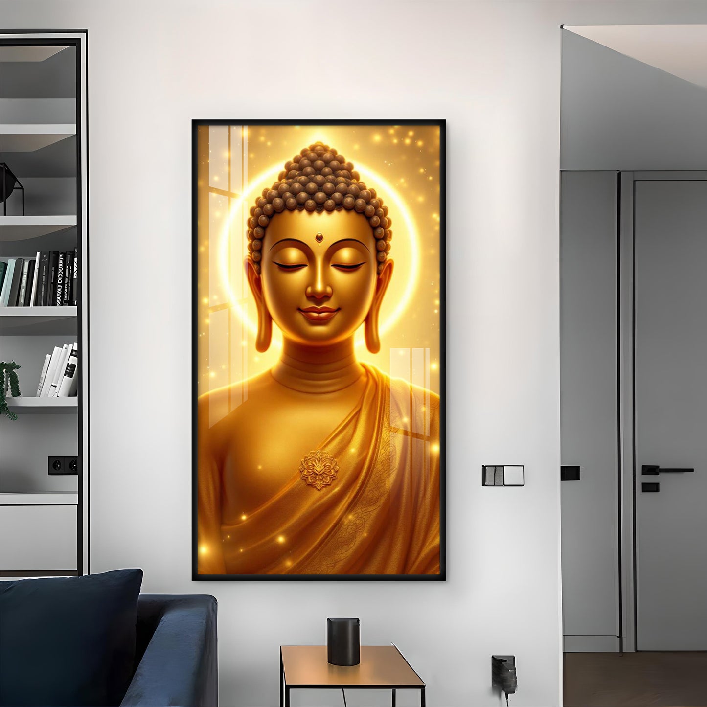 Golden Meditating Buddha Glass Finish Vertical Wall Art