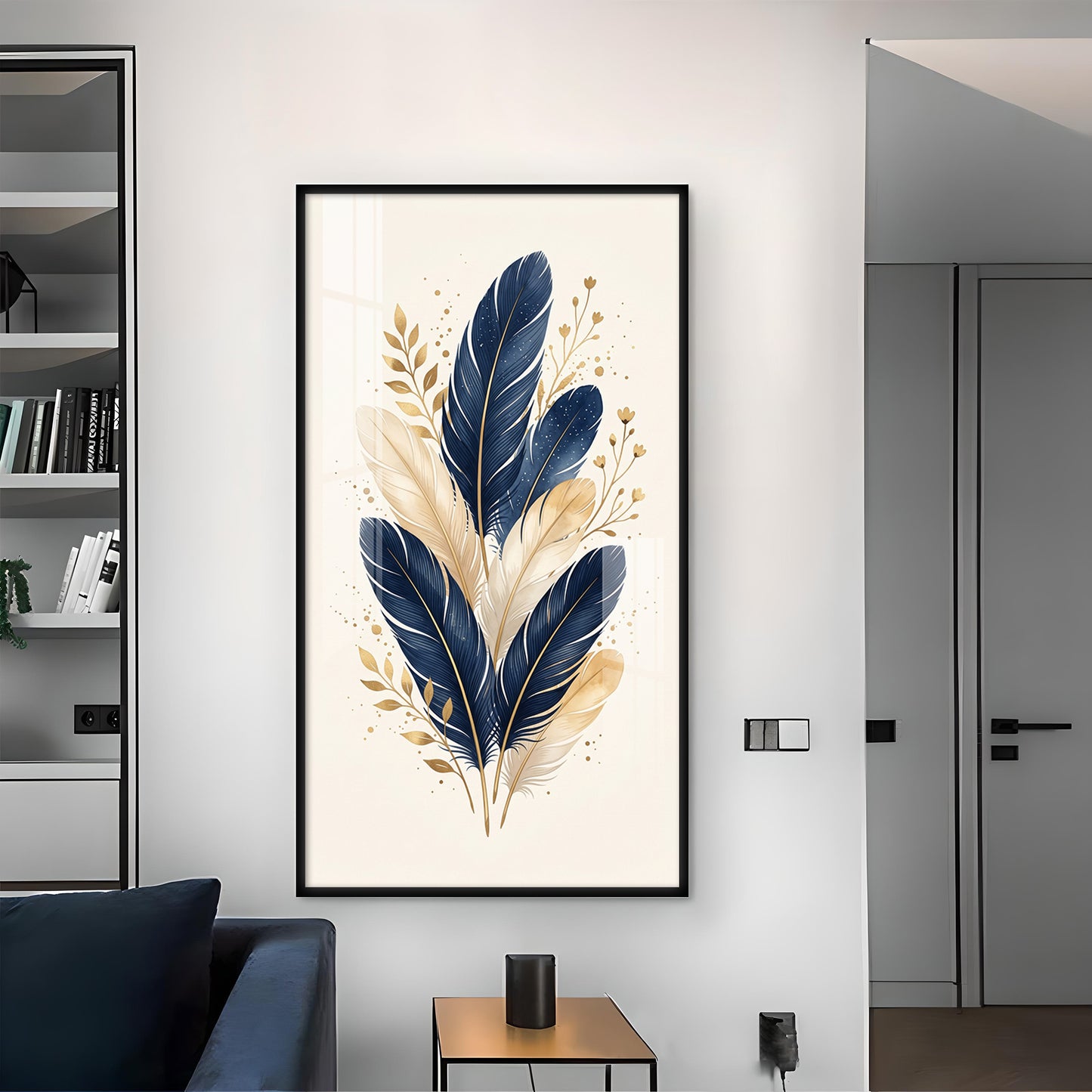 Blue & Metallic Gold Feathers Glass Finish Vertical Wall Art