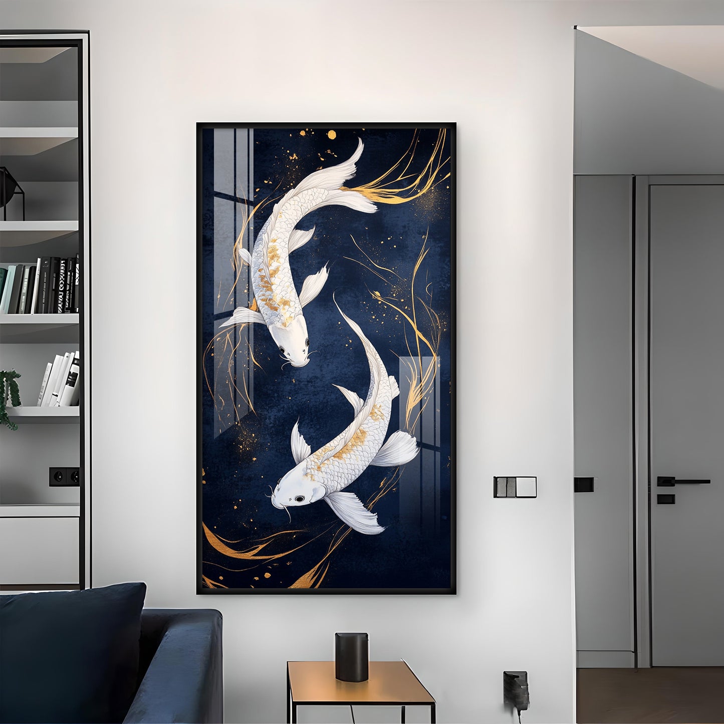 Pair Of White Fish Glass Finish Vertical Wall Art