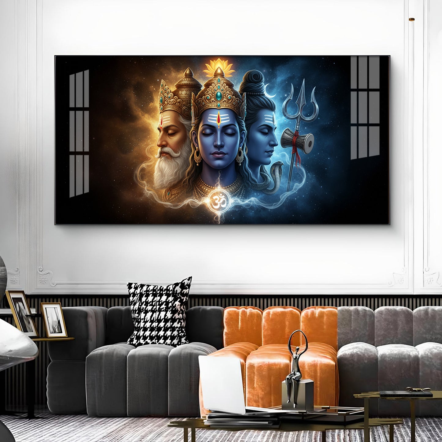 Trimurti Brahma, Vishnu, & Shiva Glass Finish Horizontal Wall Art