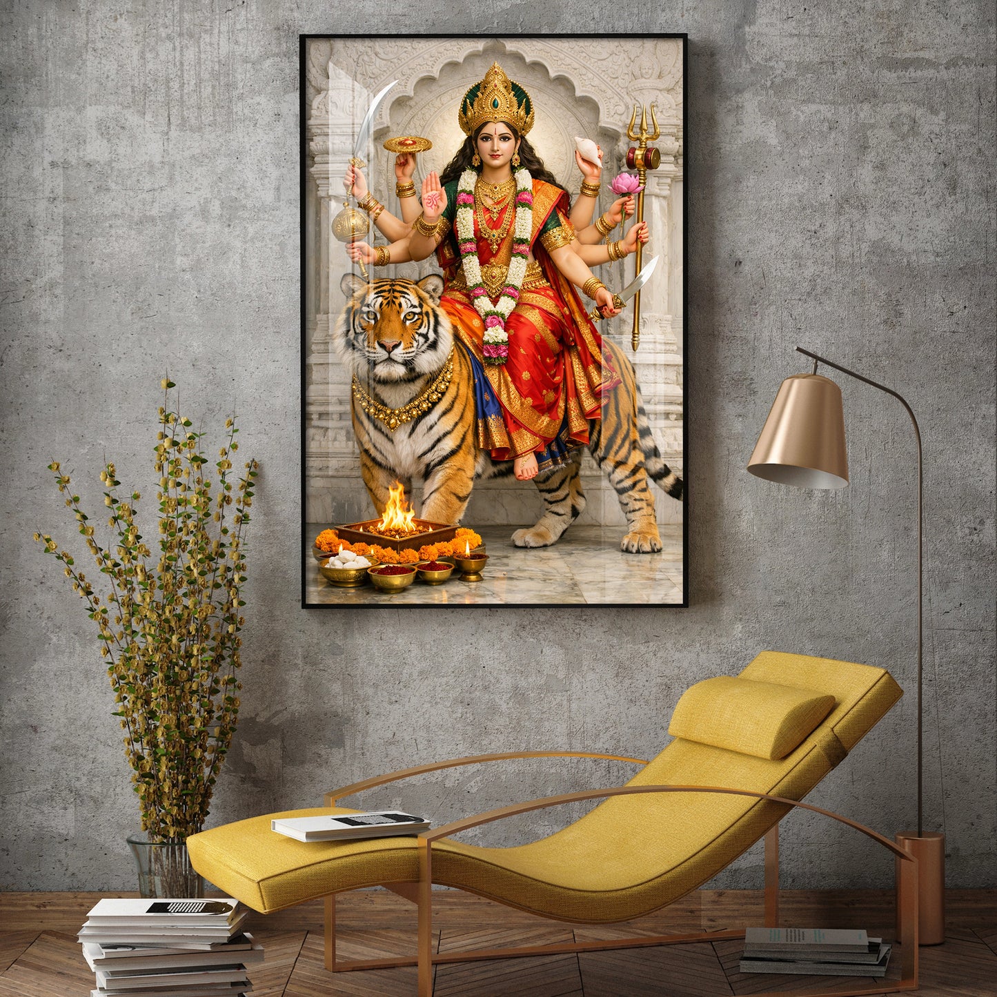Maa Durga Seated On Tiger Glass Finish Vertical Wall Art