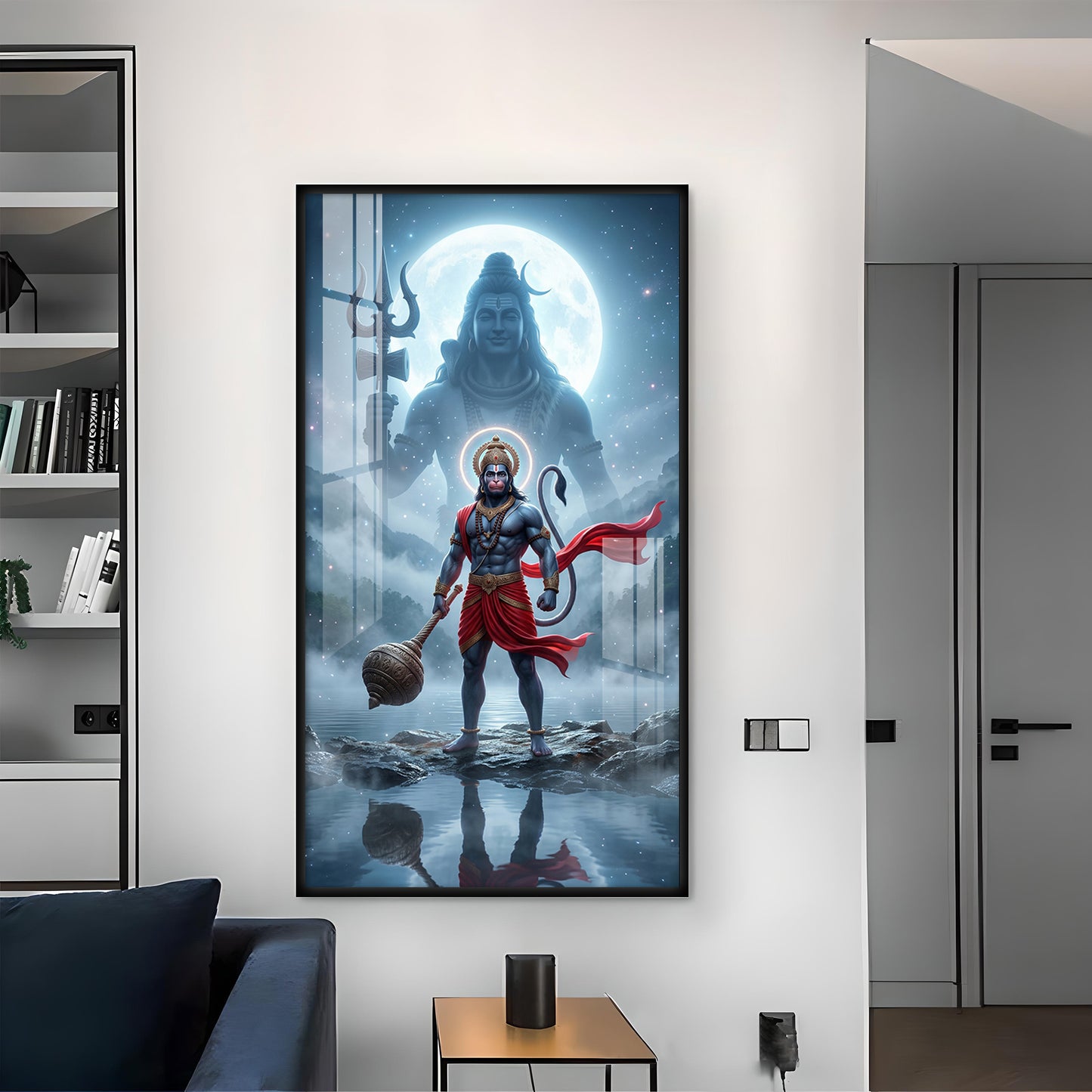 Hanuman Ji and Shiva Ji Glass Finish Vertical Wall Art