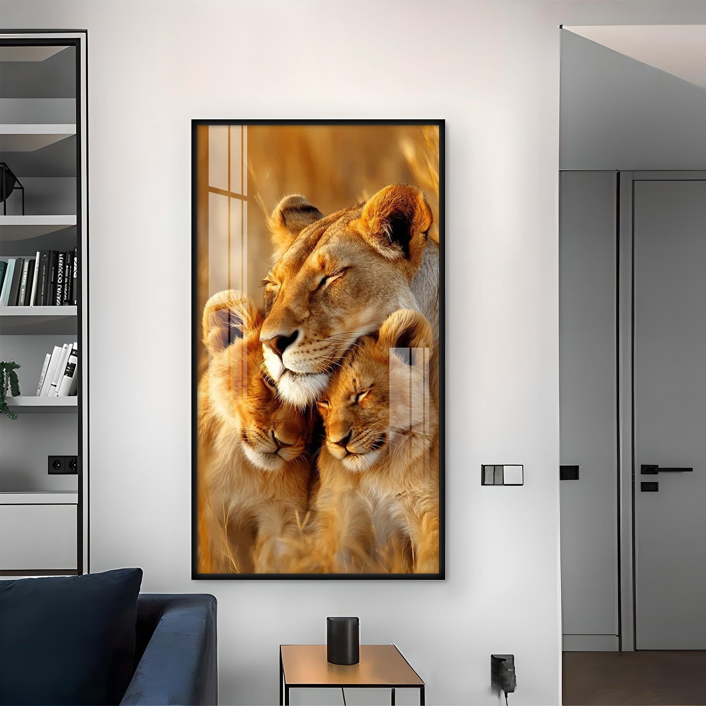 Lioness Cub Cuddling Glass Finish Vertical Wall Art