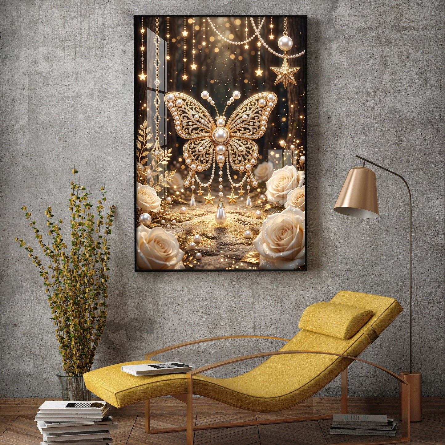 Golden Butterfly Embellished With Pearls Glass Finish Vertical Wall Art