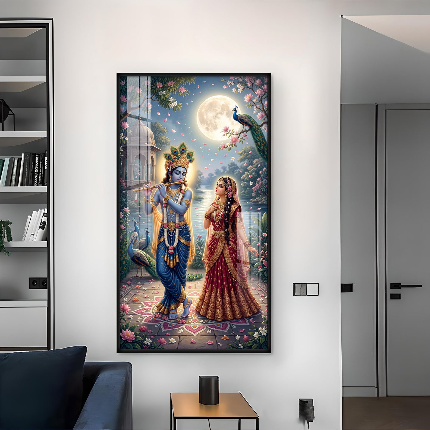 Sri Radha Krishna Glass Finish Vertical Wall Art