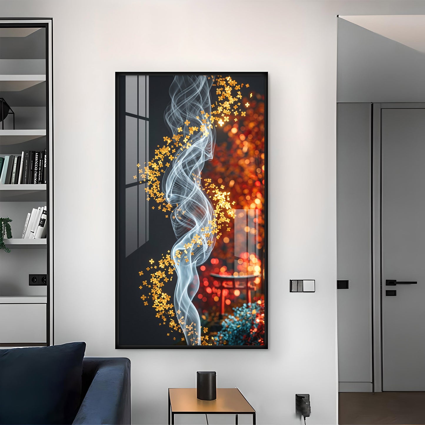 Whispers of Golden Bloom Glass Finish Vertical Wall Art