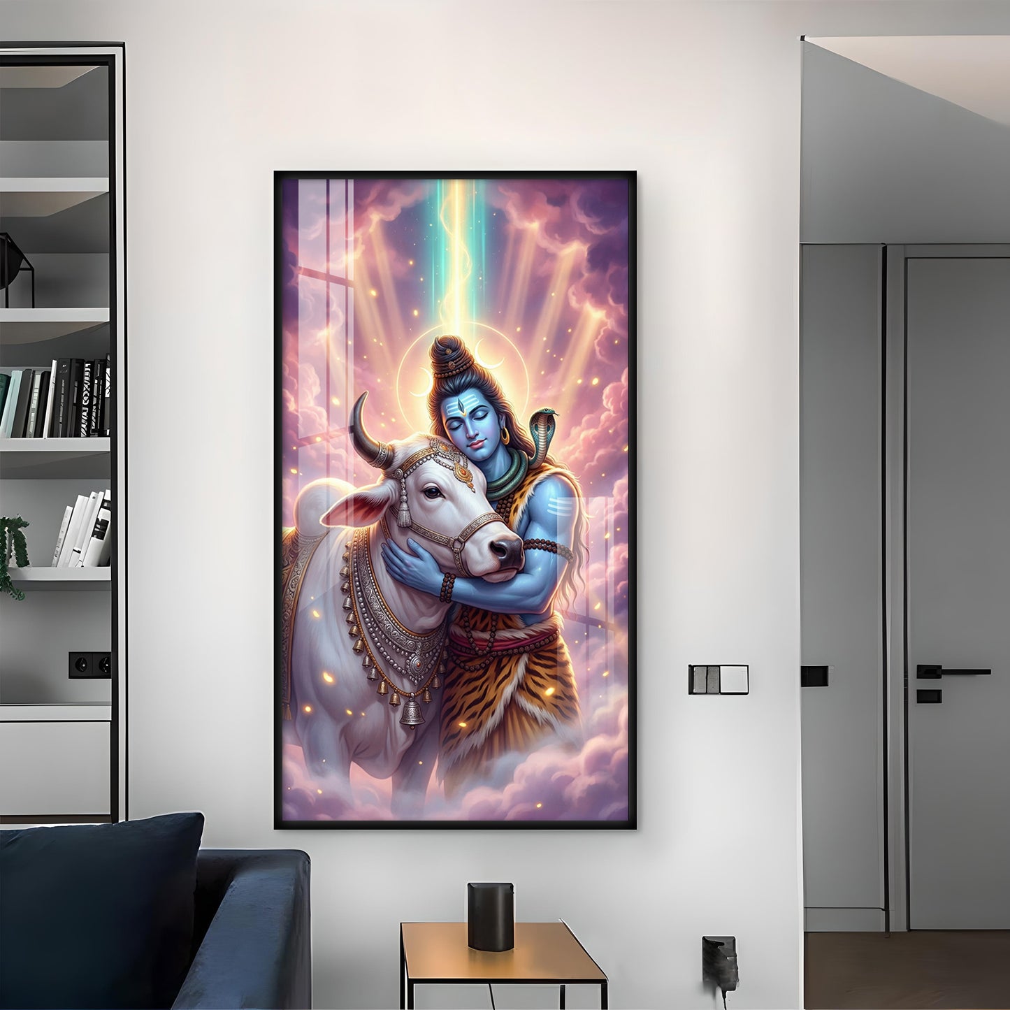 Lord Shiva and Nandi Glass Finish Vertical Wall Art
