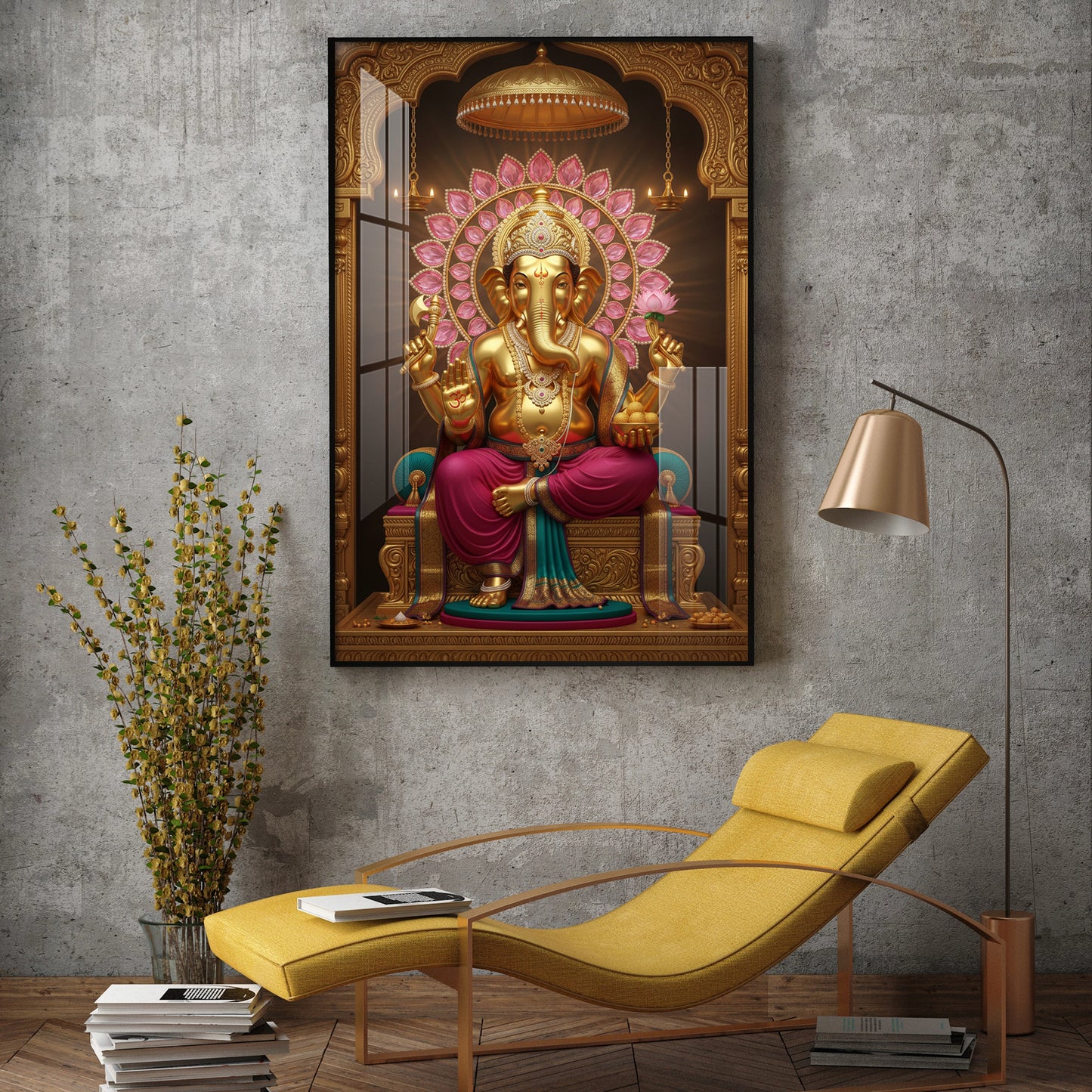 Lord Ganesha With Intricate Floral Glass Finish Vertical Wall Art