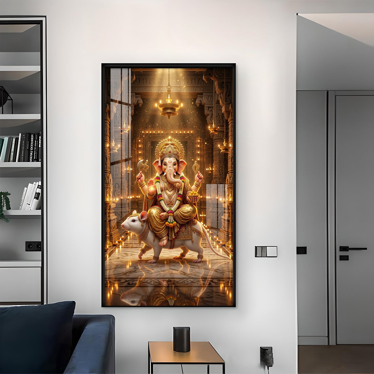 Ganesh Ji With Mushak Glass Finish Vertical Wall Art