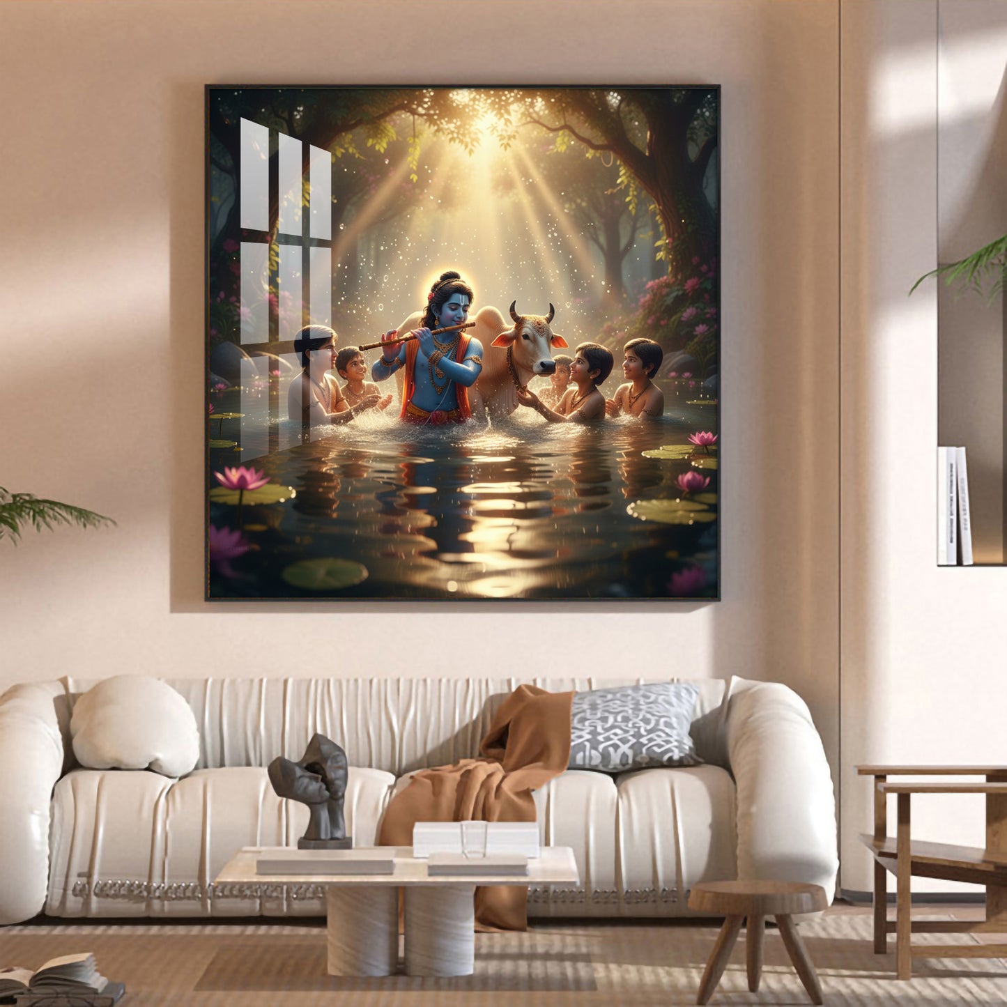 Little Krishna With Sakha Glass Finish Square Wall Art
