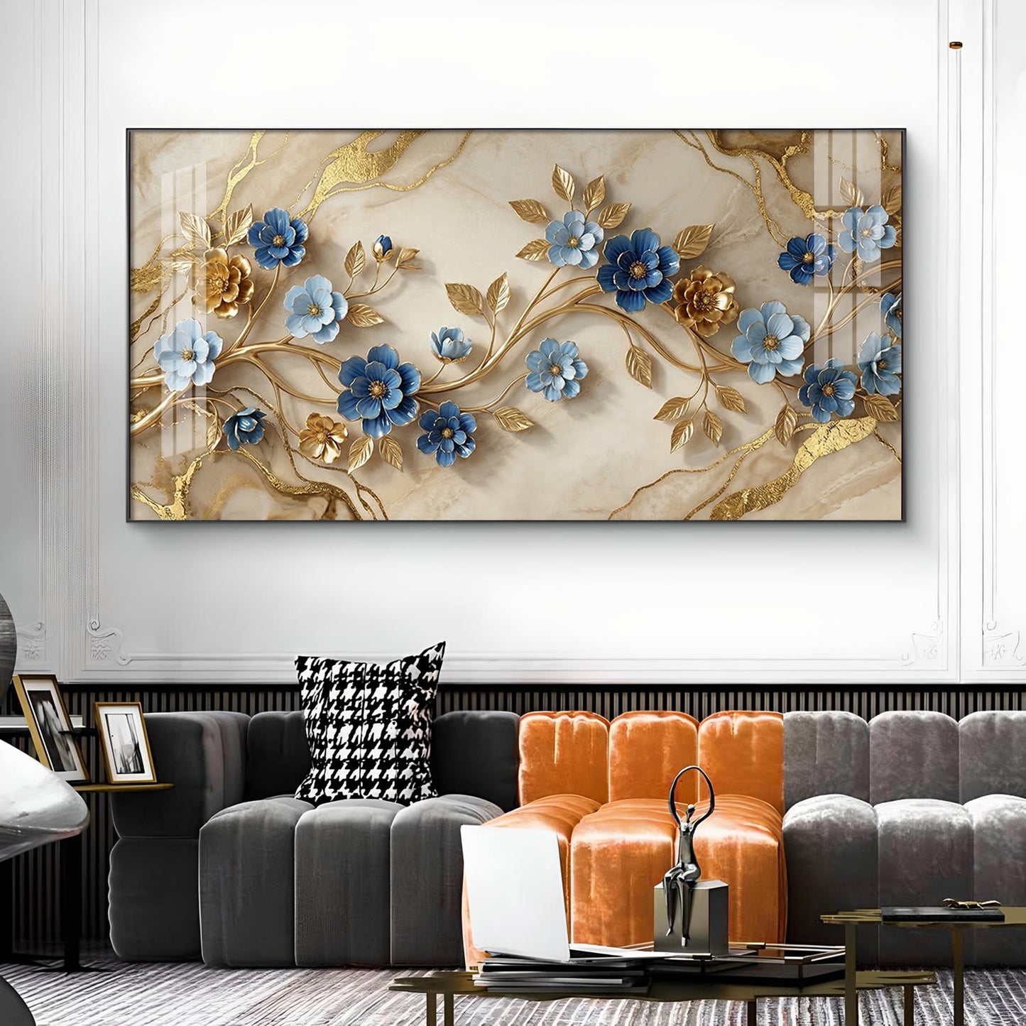 Elegant Blue Flower Glass Finish Horizontal Wall Art