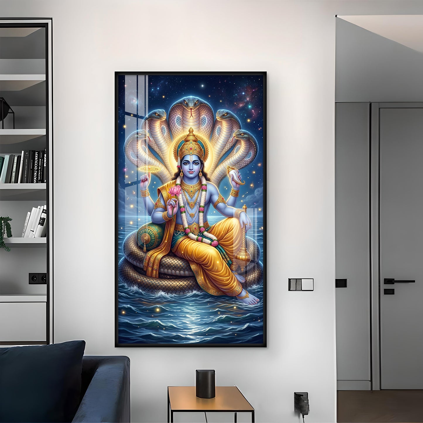 Lord Vishnu On Sheshnag Glass Finish Vertical Wall Art