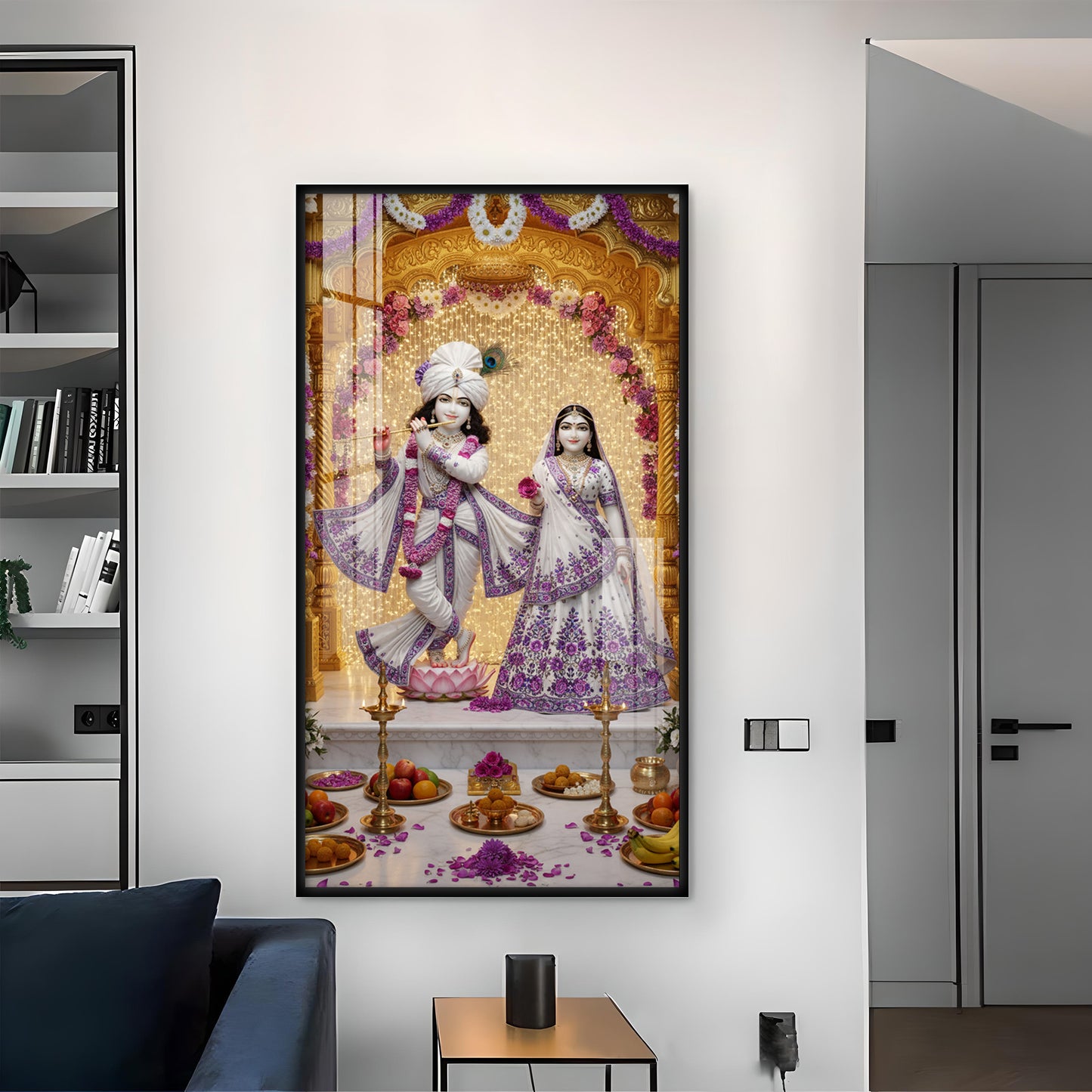 Depicting Radha & Krishna Glass Finish Vertical Wall Art