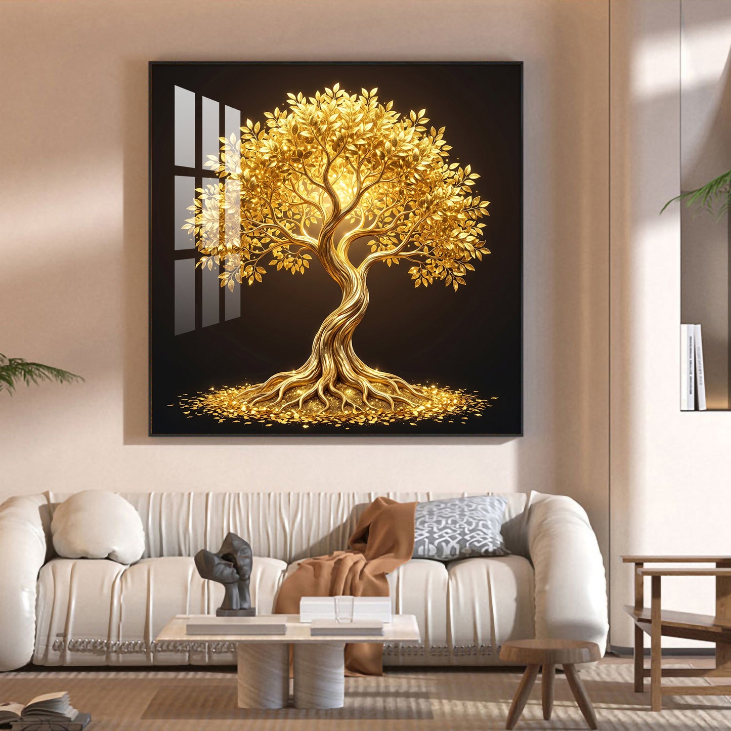 Golden Kalpavriksha Glass Finish Square Wall Art