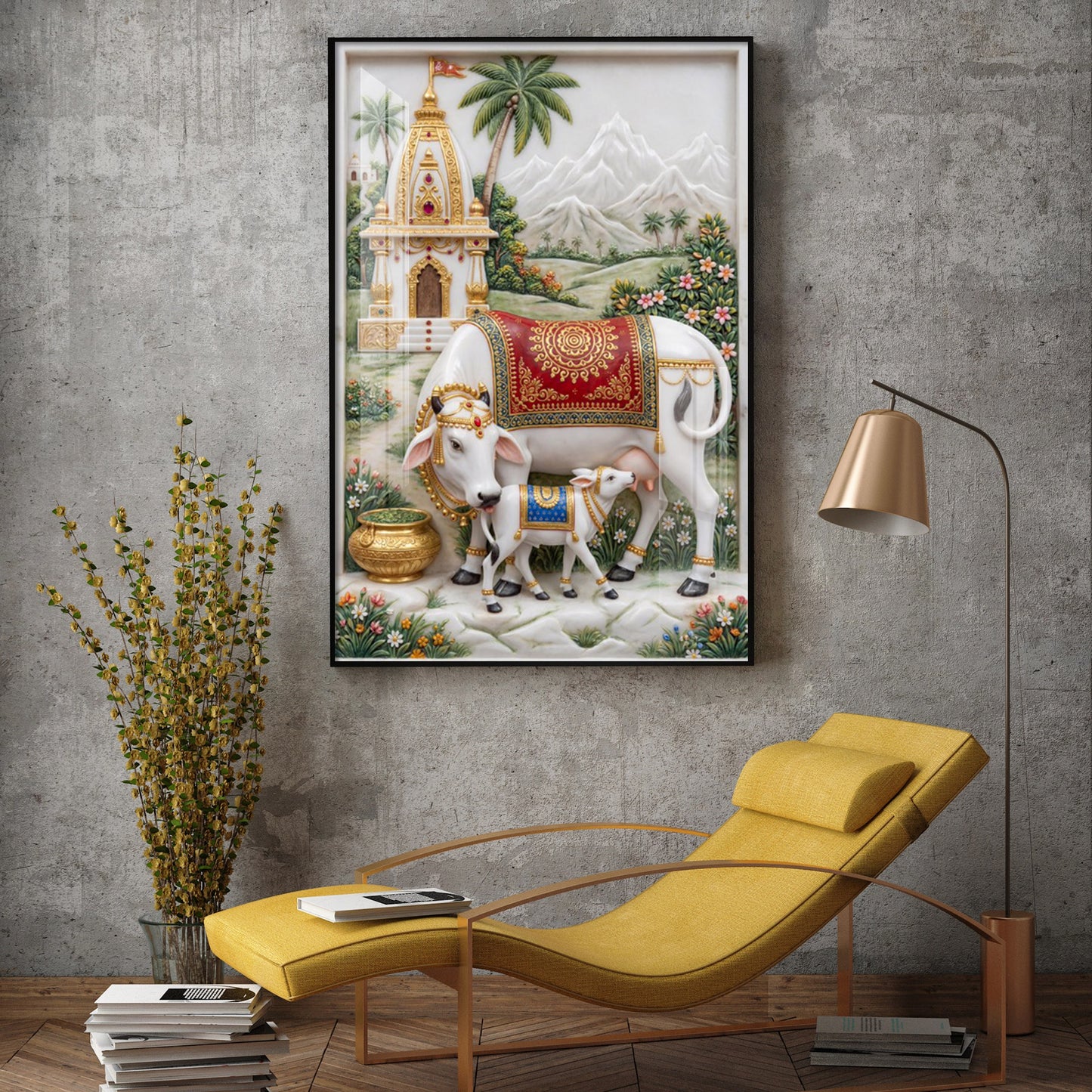 Kamdhenu Cow and Calf Glass Finish Vertical Wall Art